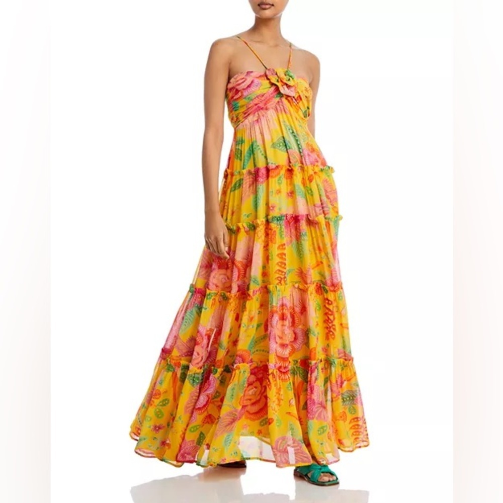 FARM Rio Macaw Bloom Gold and Pink Ruffled Tiered Maxi Dress Size L